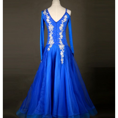 Royal blue with white embroidered flowers ballroom dancing dress for women girls gemstones waltz tango foxtrot smooth dance long dress for woman